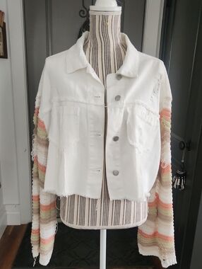 POL White Cropped Distressed Denim Jacket with Pastel Striped Sleeves